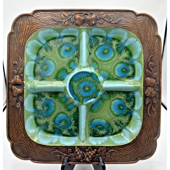 Vintage Treasure Craft Serving Tray Divided Platter MCM Green/Turquoise 13.5” - Picture 5 of 12